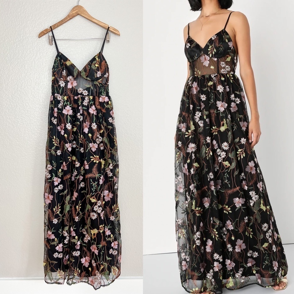 Radiant Fantasy Black Floral Embroidered Tulle Maxi Dress